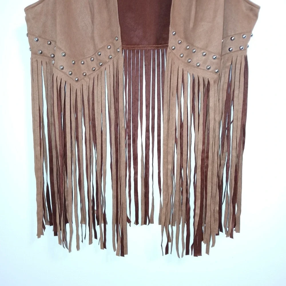 Country Western Fringe Vest 3XL Tan Women Studded Faux Suede Cowgirl Rodeo Ranch